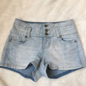 light blue denim shorts; three buttons; size 1